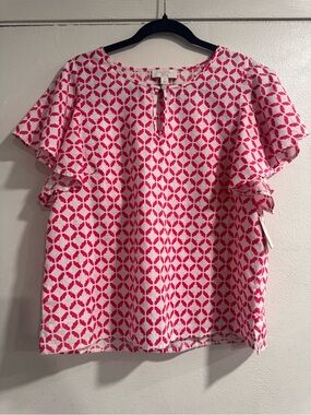 Charter Club Linen Pink White Geometric Flutter Sleeve Blouse NWT Size Medium